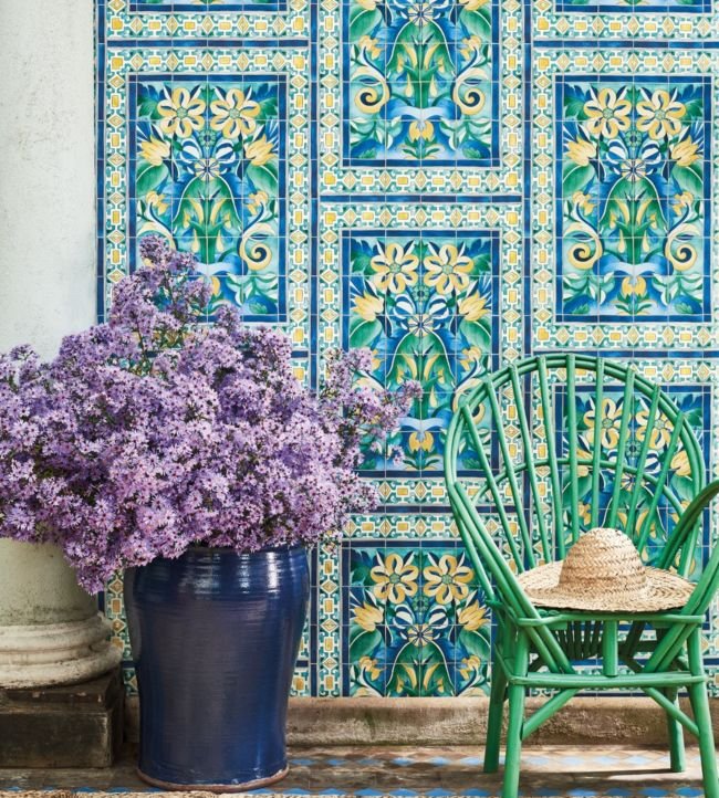 Triana Wallpaper - Canary Yellow & China Blue on Teal - 117/5013 - Cole & Son - Premier Wallcovering