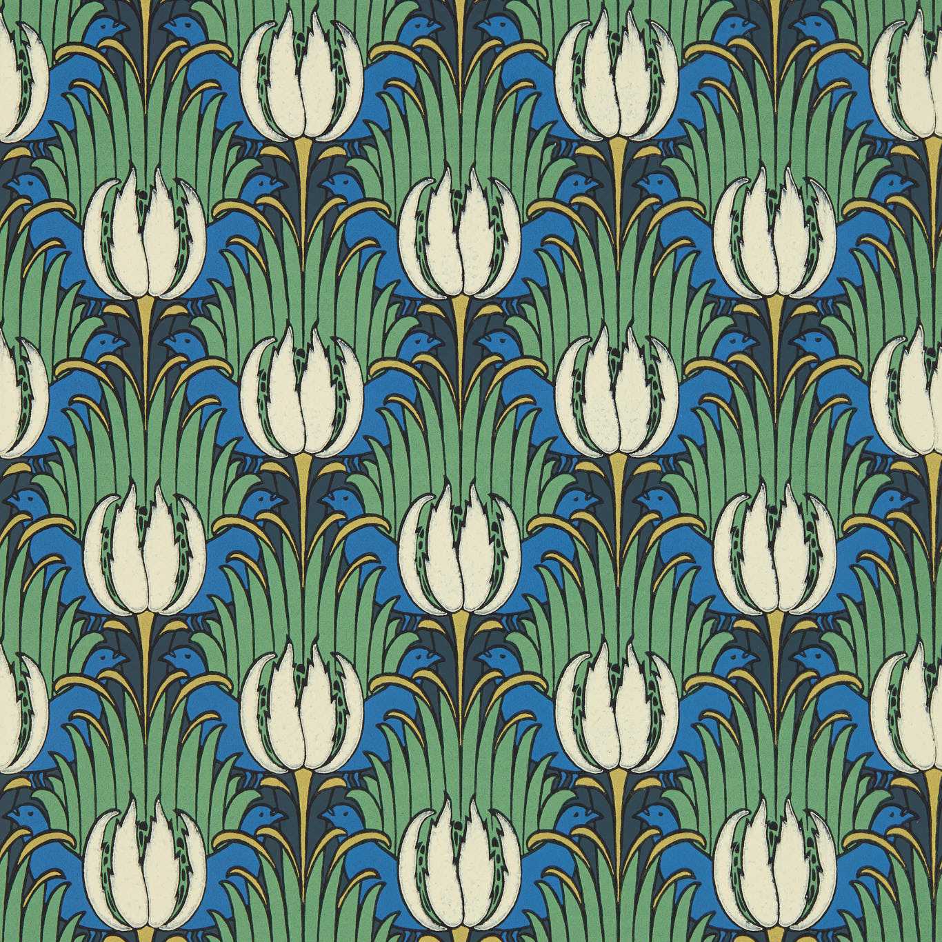 Tulip & Bird Wallpaper - Goblin Green & Raven - 510016 - Morris & Co - Premier Wallcovering