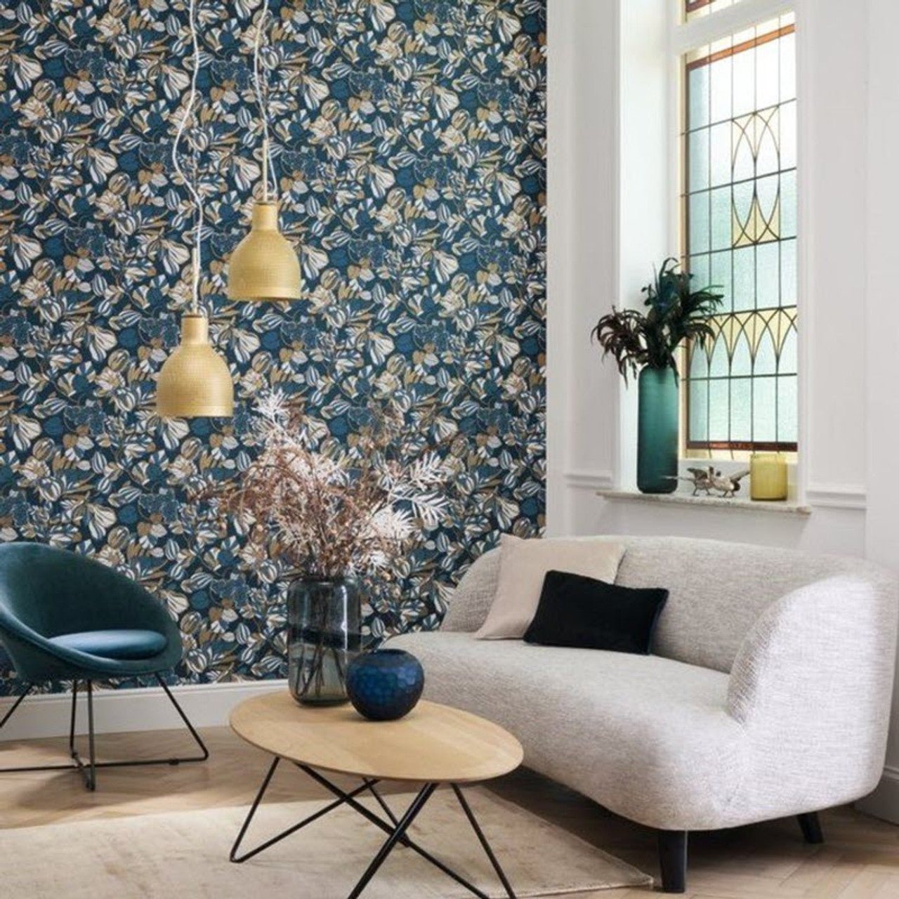 Tulipe 1930 Wallpaper - Bleu And Or - Casadeco - 85716306 - Premier Wallcovering