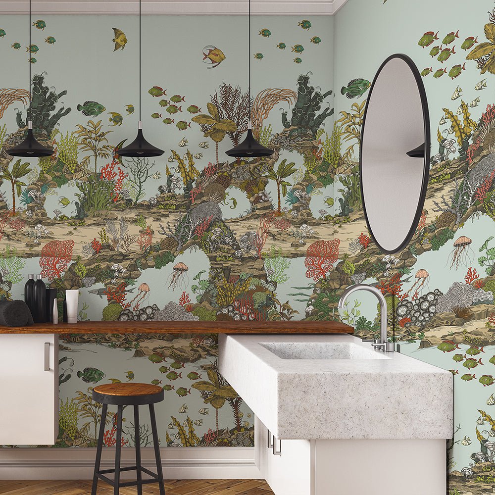Underwater Jungle Panel Wallpaper - Soft Aqua & Coral - Josephine Munsey - JMW-100301 - Premier Wallcovering