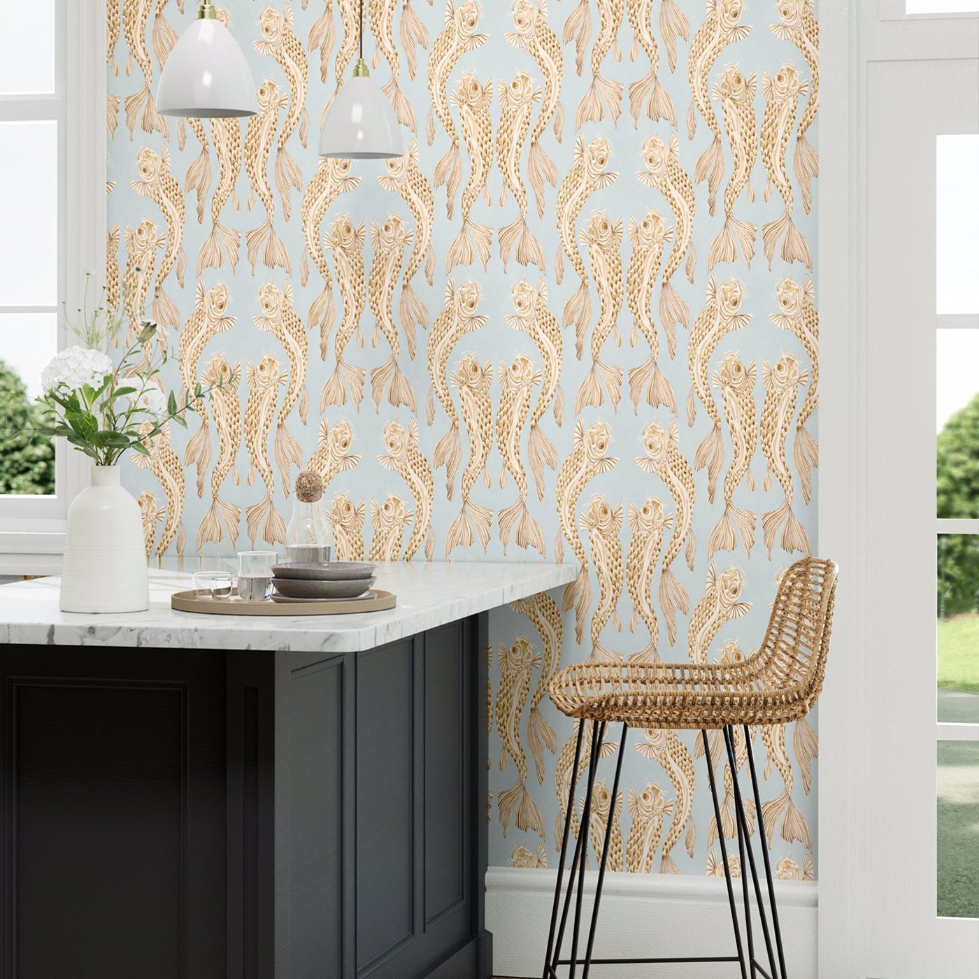 Voyaging Koi Wallpaper - Clear Sky/Persimmon - DWAW217115 - Sanderson