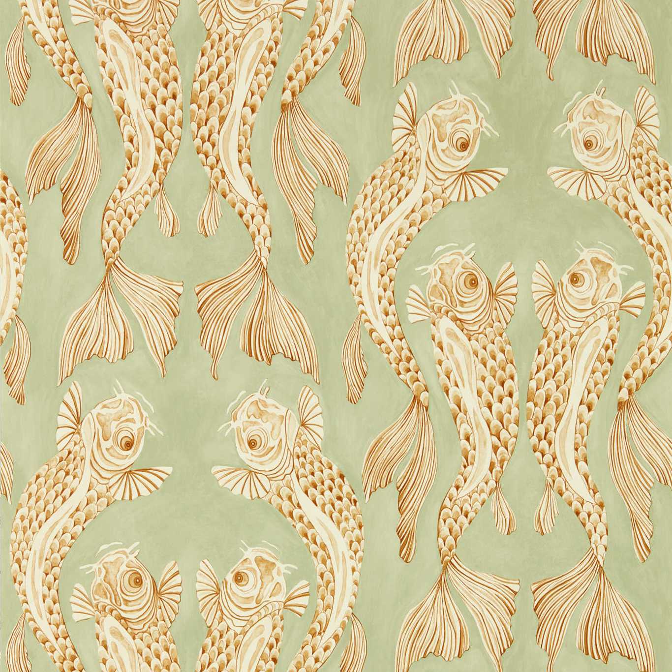 Voyaging Koi Wallpaper - Oriental Green/Honey - DWAW217114 - Sanderson