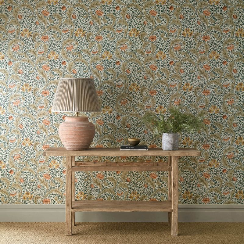 Wild Tulip & Vine Wallpaper - Coral/Teal - Morris & Co - 217578 - Premier Wallcovering