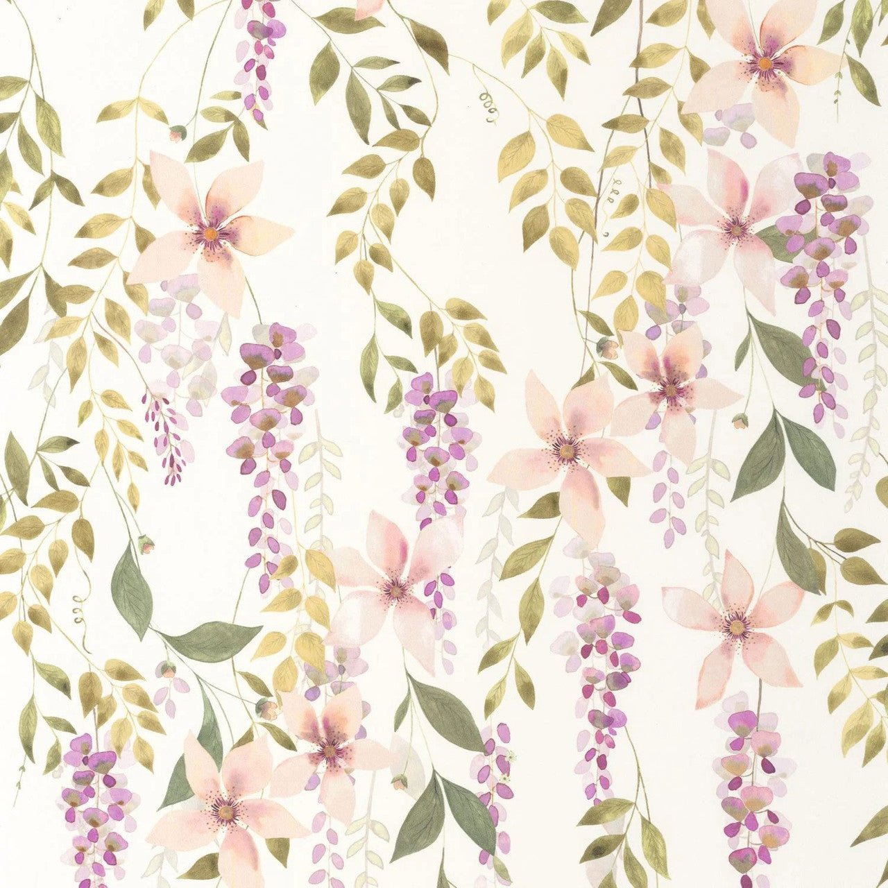 Wisteria Soliflore Wallpaper - Parme / Vert Mousse - Casadeco - 200305202 - Premier Wallcovering