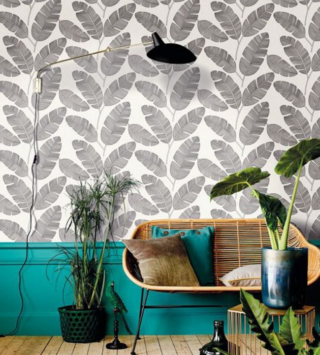 Banana Tree Metallise Room Wallpaper - Gray