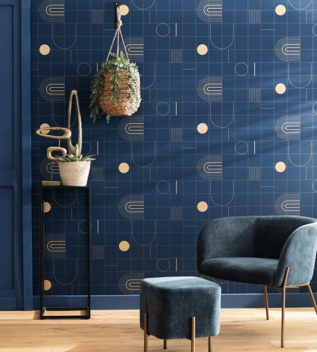 Golden Curves Room Wallpaper - Blue