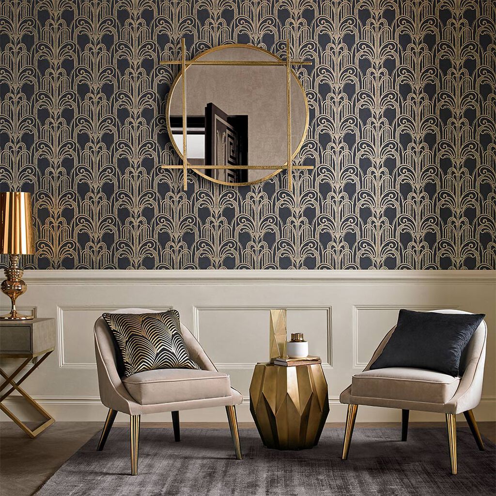 104299 - Art Deco Wallpaper - Black & Gold - Graham & Brown