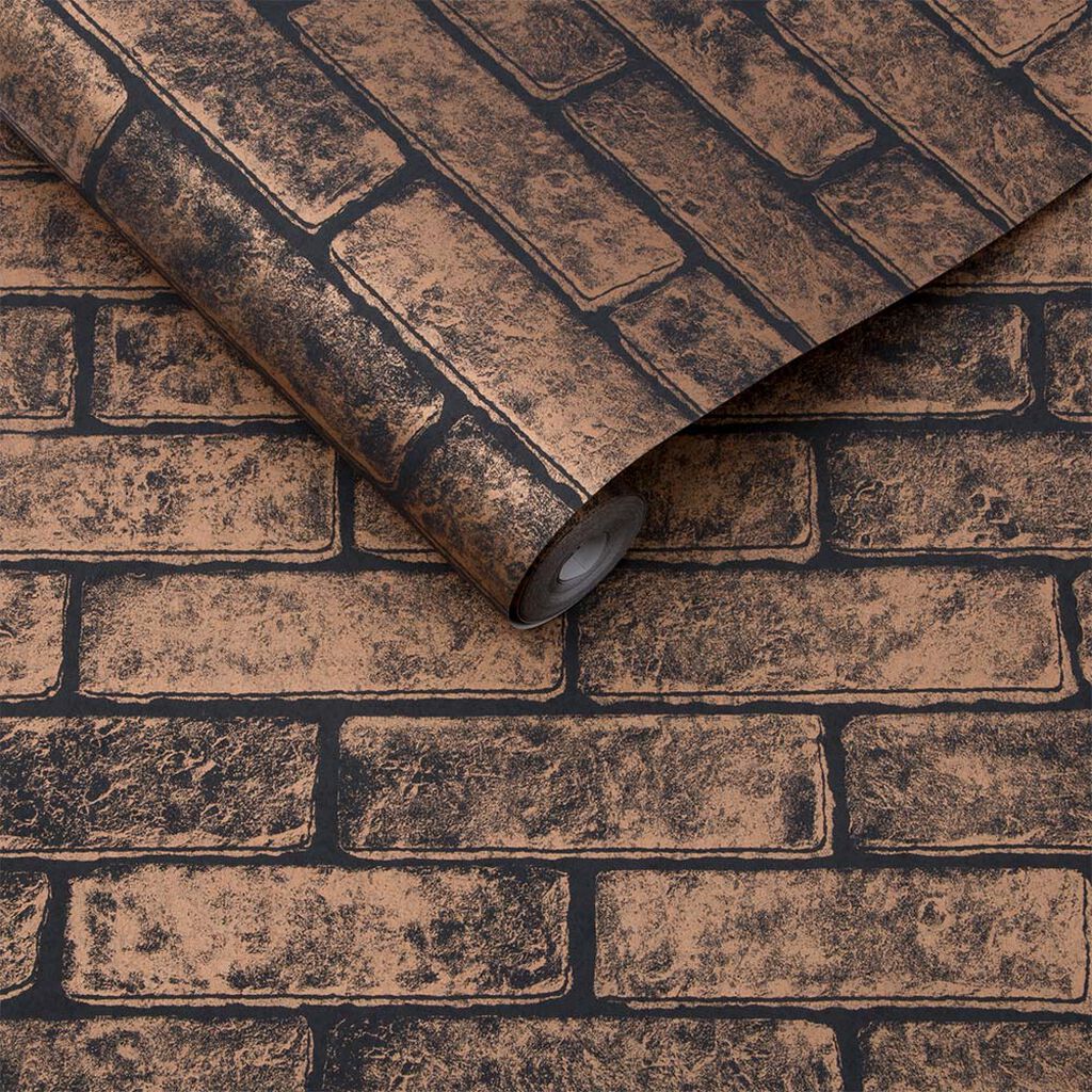 104383 - Metallic Brick Wallpaper - Bronze Black - Graham & Brown