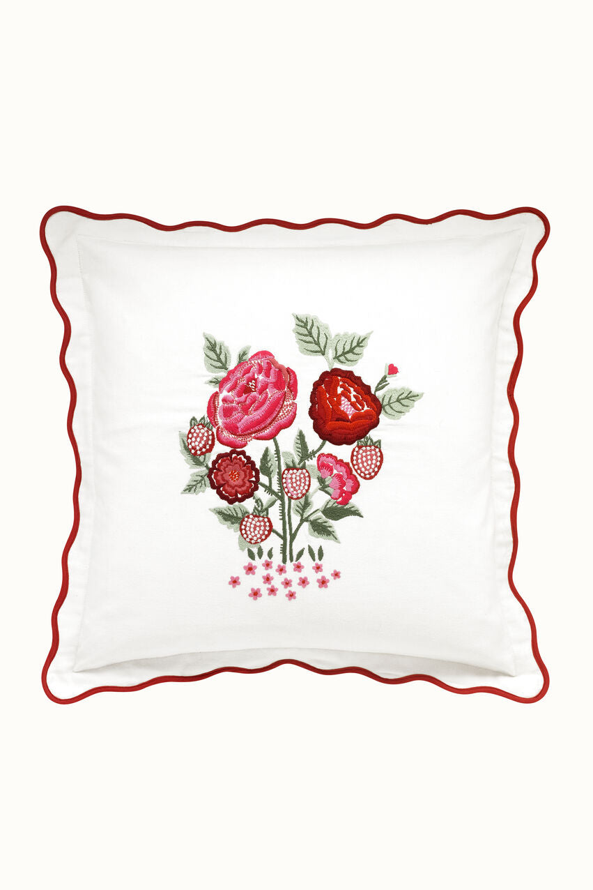 Strawberry Garden Embroidered Square Cushion - Red
