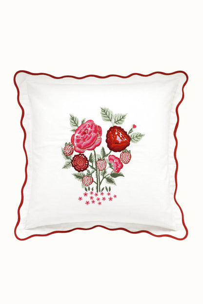Strawberry Garden Embroidered Square Cushion - Red