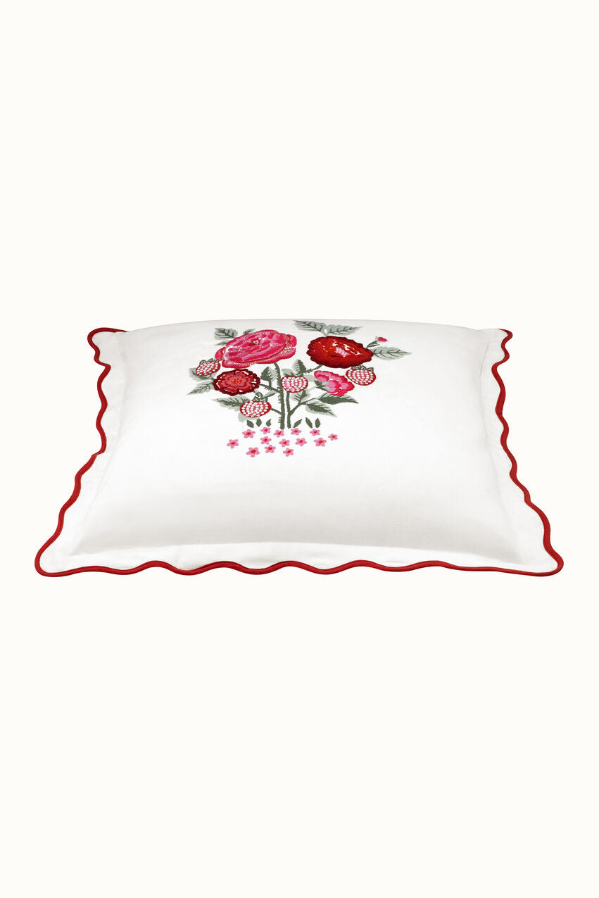 Strawberry Garden Embroidered Square Cushion - Red