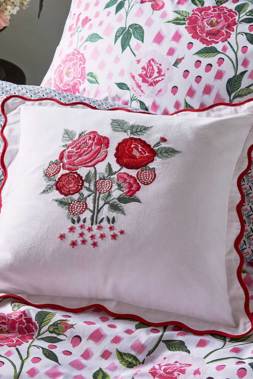 Strawberry Garden Embroidered Square Room Cushion - Red