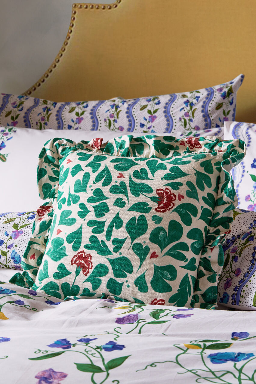 Marble Hearts Frill Detail Square Room Cushion - Green