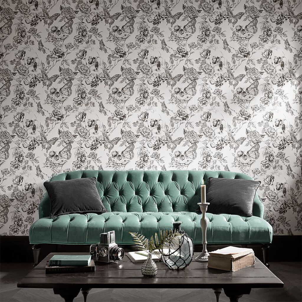 Skull Roses Room Wallpaper 2 - Gray
