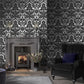 104562 - Gothic Damask Flock Wallpaper - Black Silver - Graham & Brown