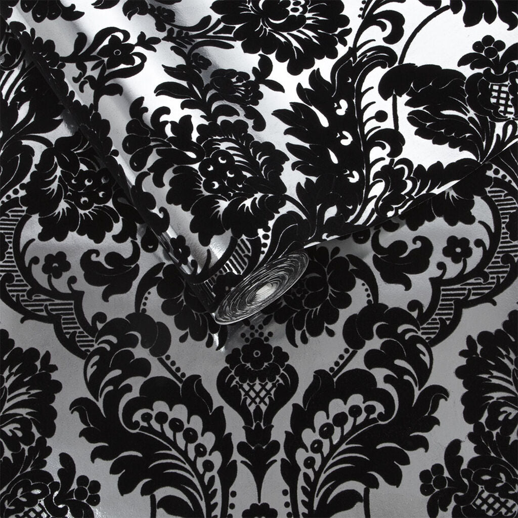 104562 - Gothic Damask Flock Wallpaper - Black Silver - Graham & Brown