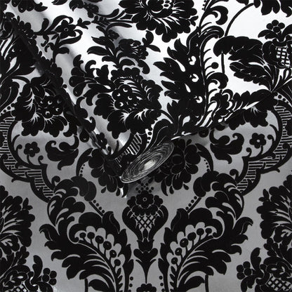 104562 - Gothic Damask Flock Wallpaper - Black Silver - Graham & Brown