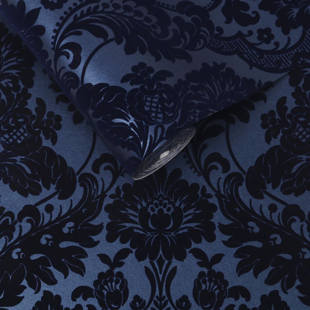 104563 - Gothic Damask Flock Wallpaper - Cobalt - Graham & Brown