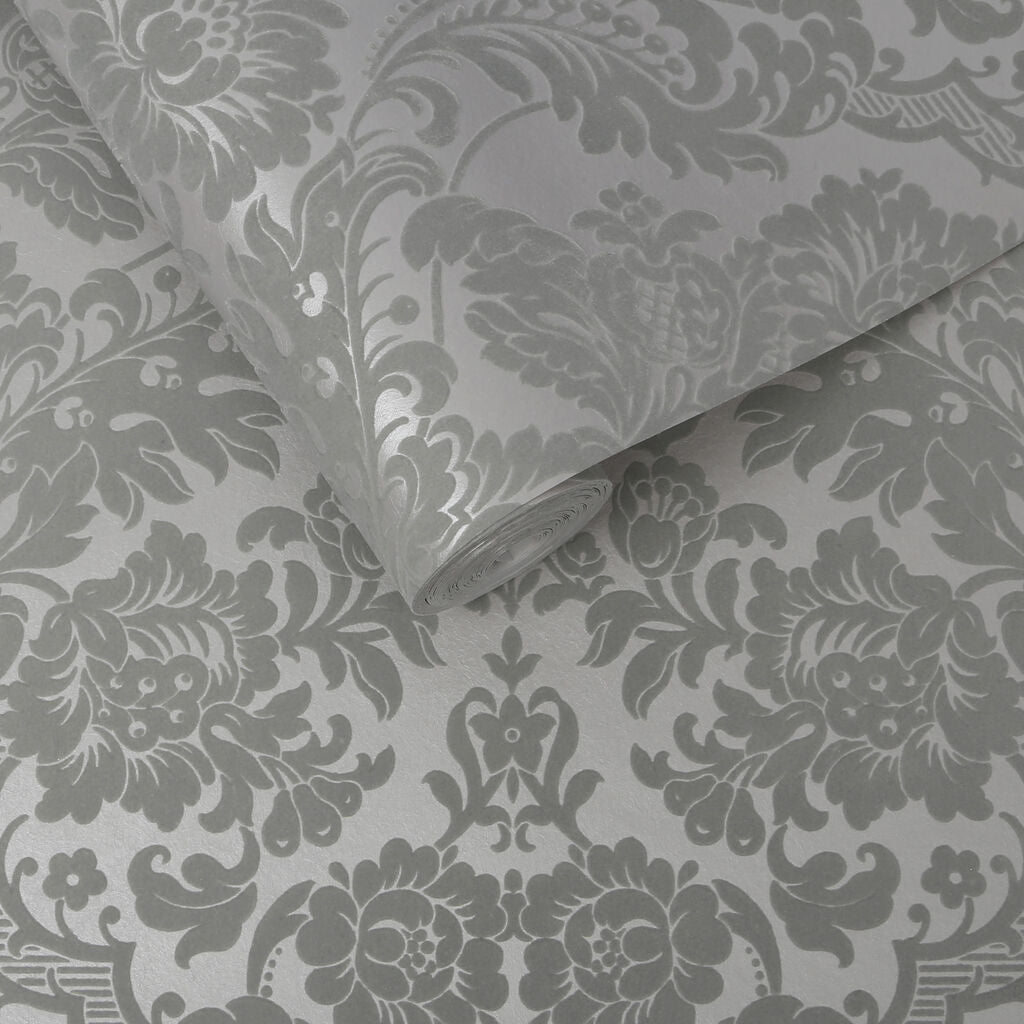 104564 - Gothic Damask Flock Wallpaper - Grey Silver - Graham & Brown