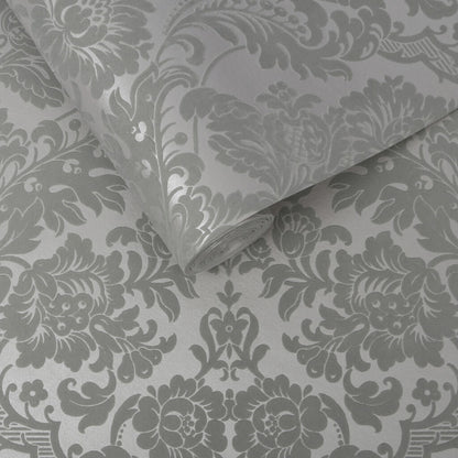 104564 - Gothic Damask Flock Wallpaper - Grey Silver - Graham & Brown