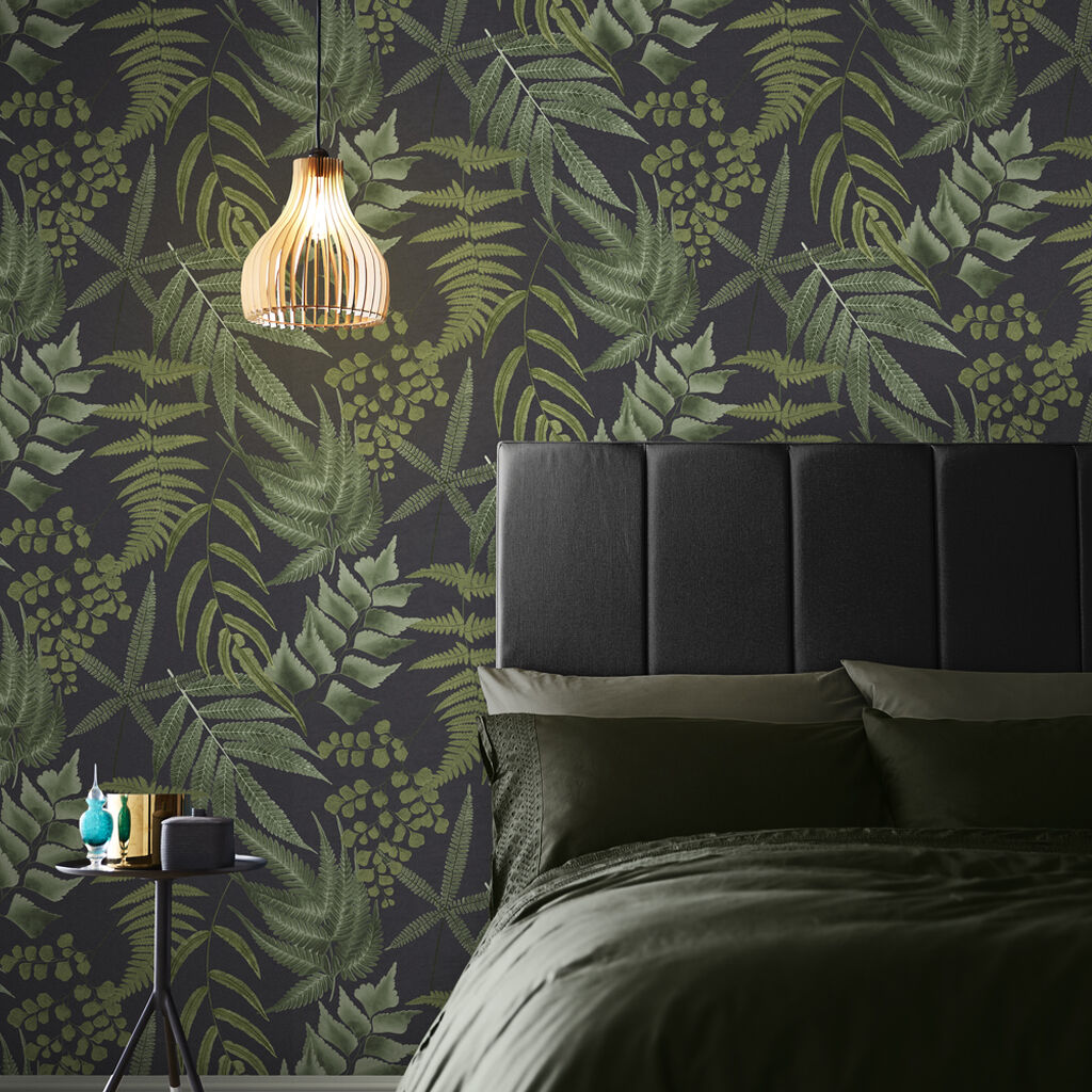 107879 - Midsummer Fern Wallpaper - Black - Graham & Brown