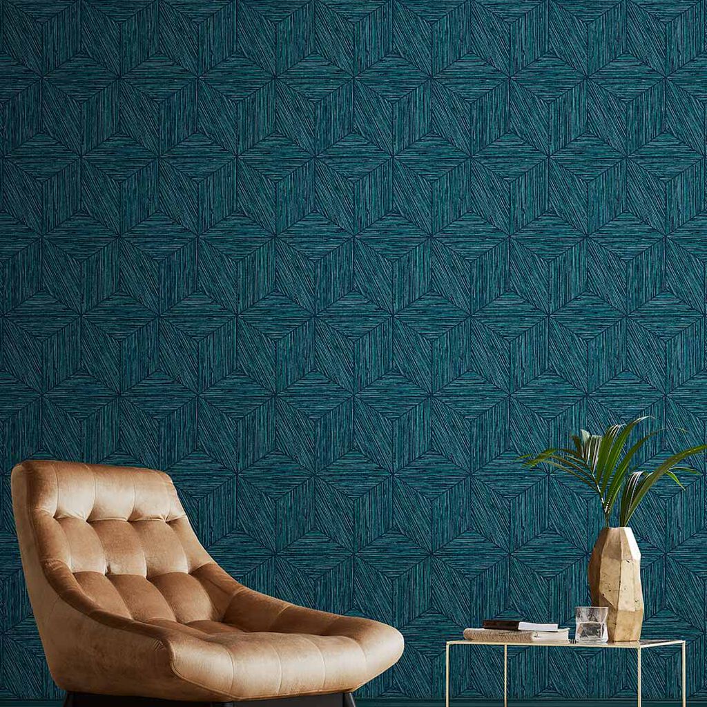 111728 - Grasscloth Geo Wallpaper - Teal - Graham & Brown