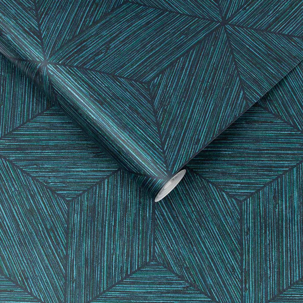 111728 - Grasscloth Geo Wallpaper - Teal - Graham & Brown