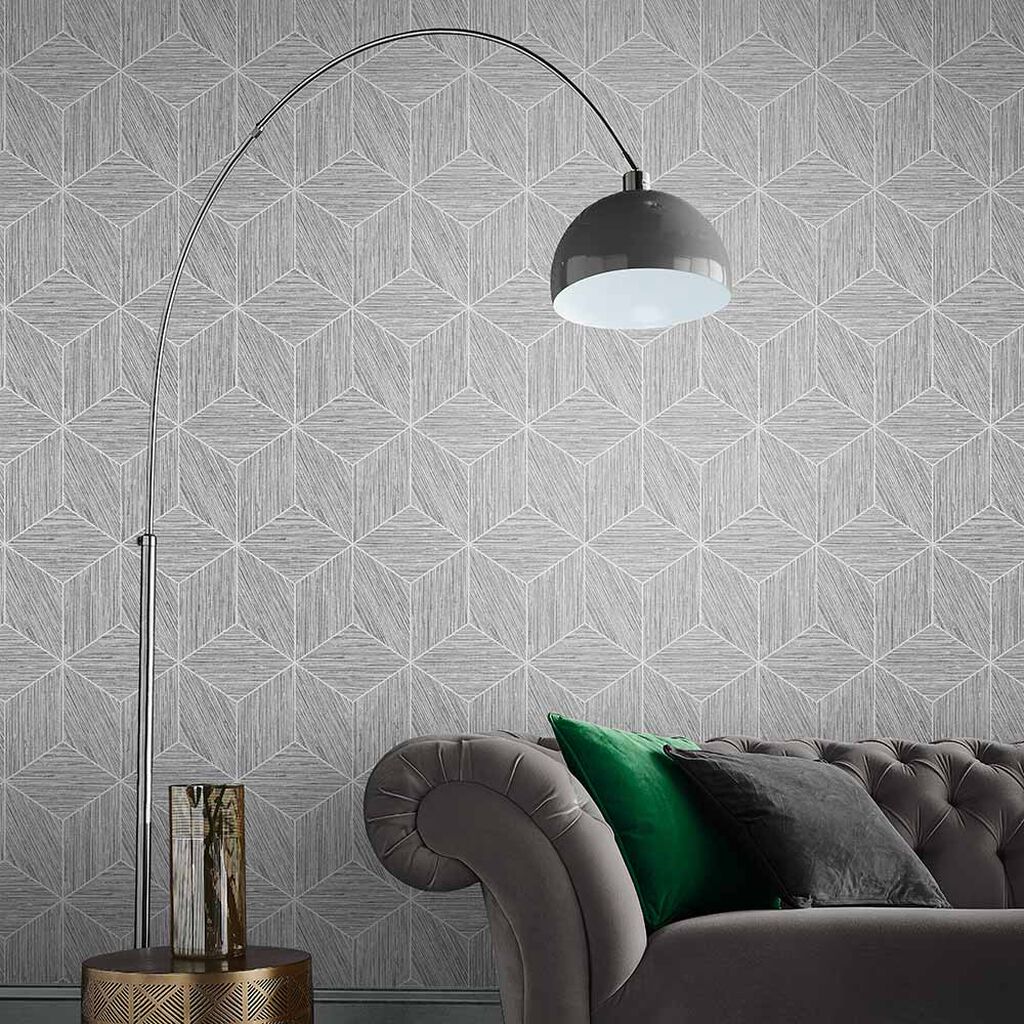 111730 - Grasscloth Geo Wallpaper - Grey - Graham & Brown