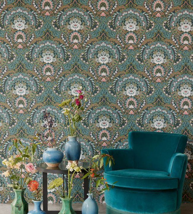 Vintage Floral Room Wallpaper - Blue