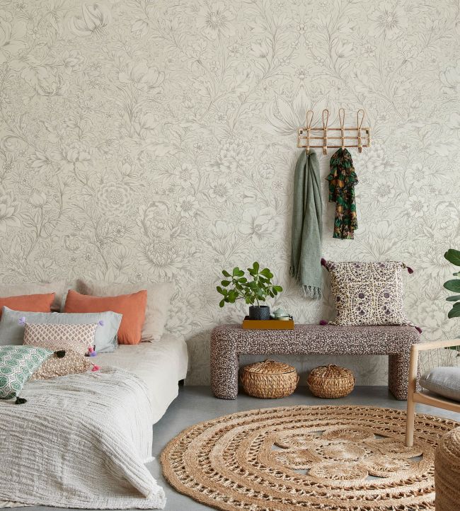 Floral Sketch Room Wallpaper - Cream
