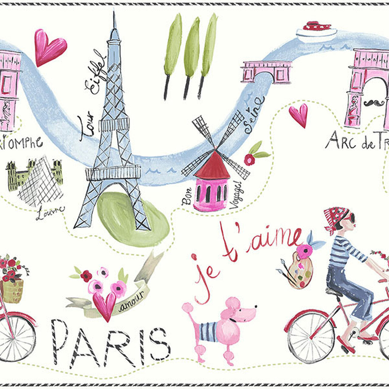 Frieze Paris with Love Imagine Fun Border Nursey Wallpaper - Multicolor
