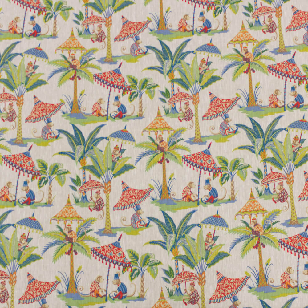 Exotic Monkey Parasol French Linen Room Fabric - Green