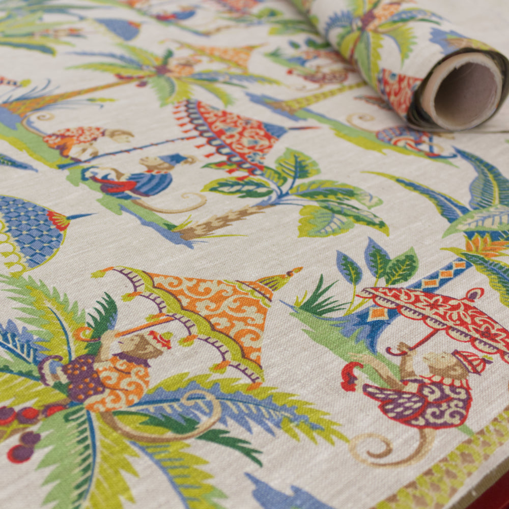 Exotic Monkey Parasol French Linen Room Fabric 2 - Green