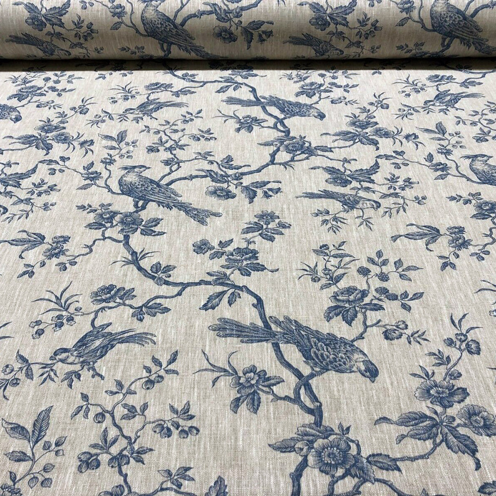 Isabelle Bird Blue Toile Linen Room Fabric