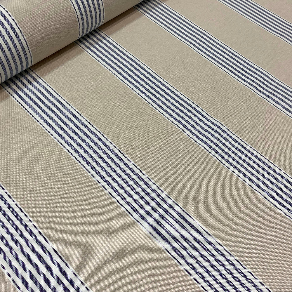 March Stripe Blue on Tan Fabric