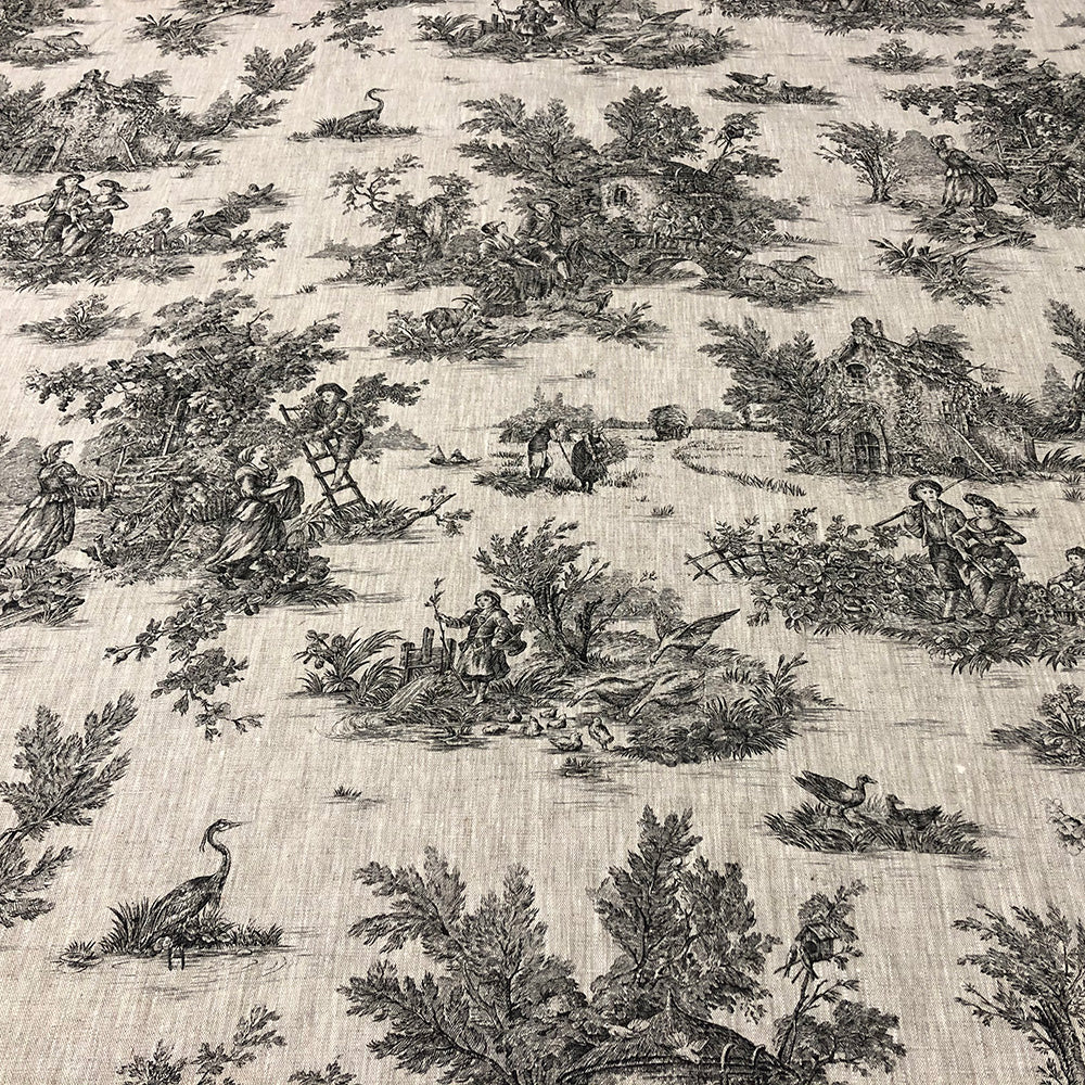 Linen Toile De Jouy Charcoal Room Fabric