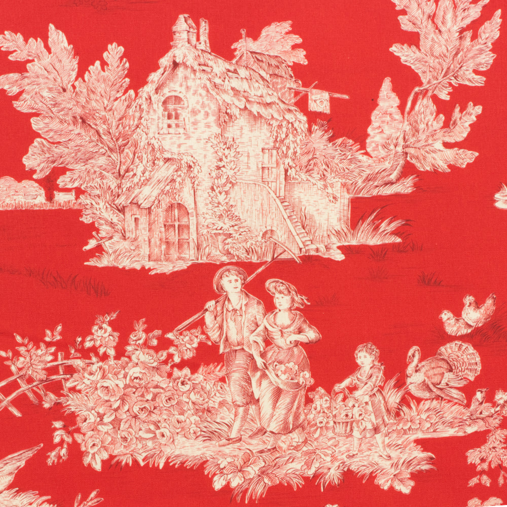 French Pastorale Toile Double Width Red/Cream Room Fabric