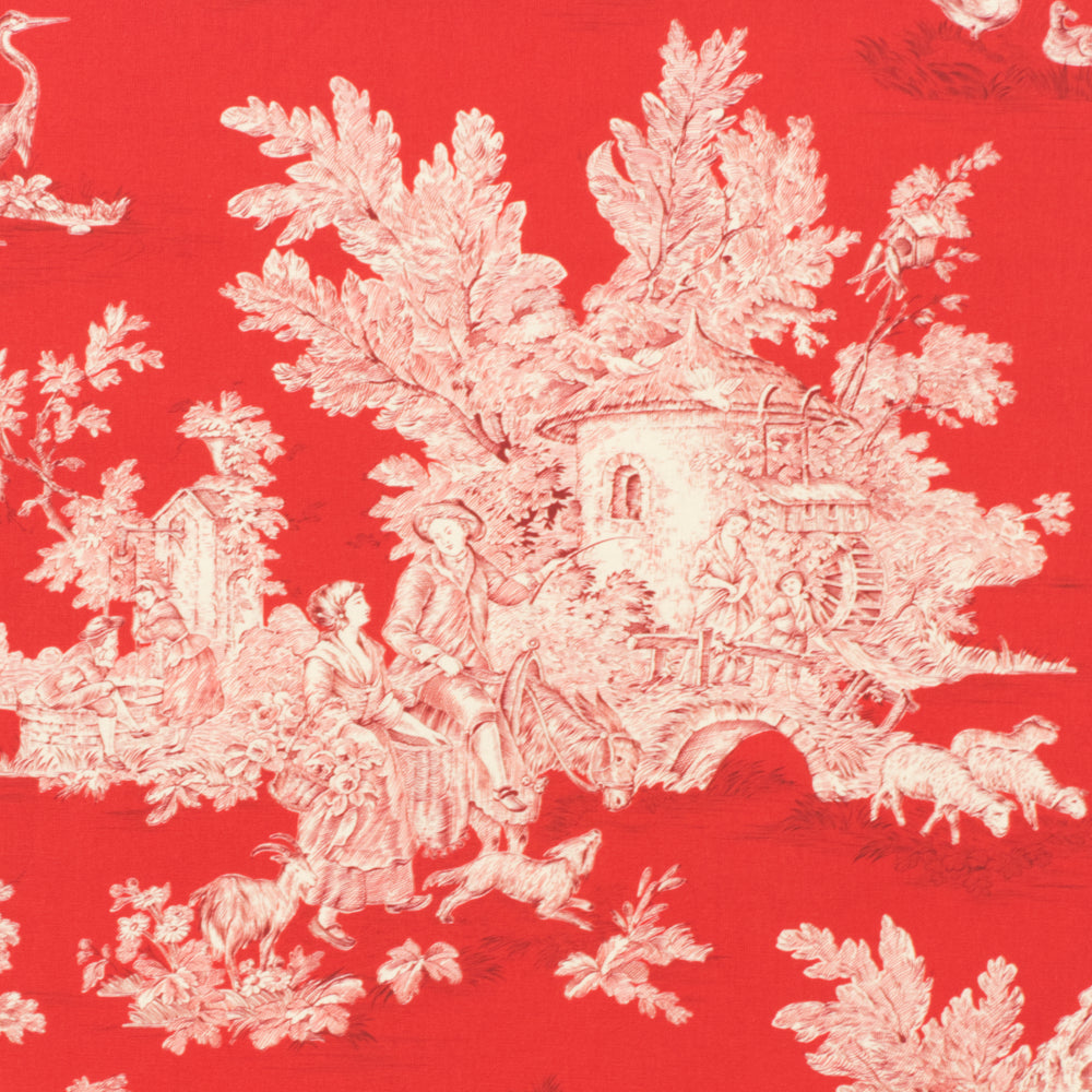 French Pastorale Toile Double Width Red/Cream Room Fabric