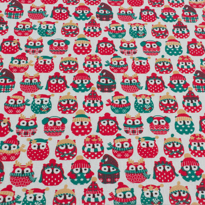 Christmas Comical Winter Owls Fabric 100% Cotton Fabric