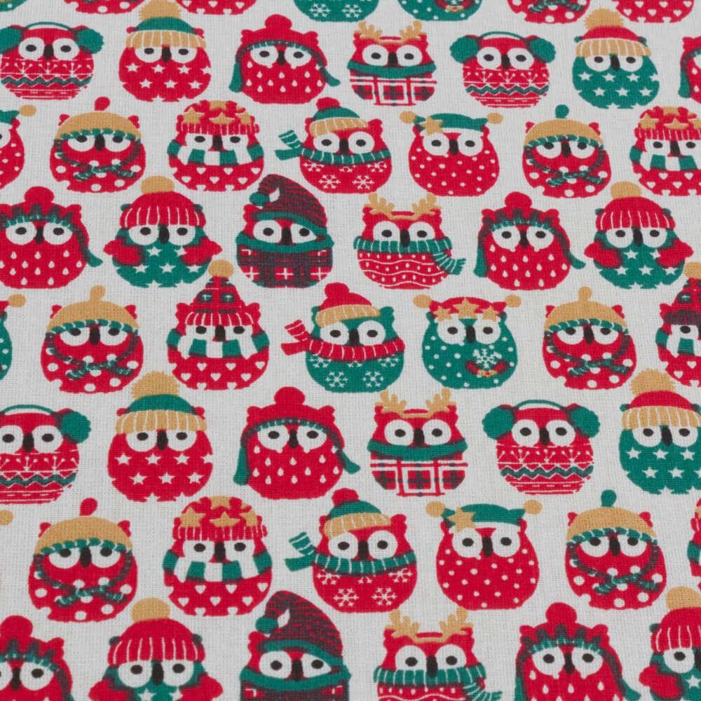 Christmas Comical Winter Owls Fabric 100% Cotton Fabric