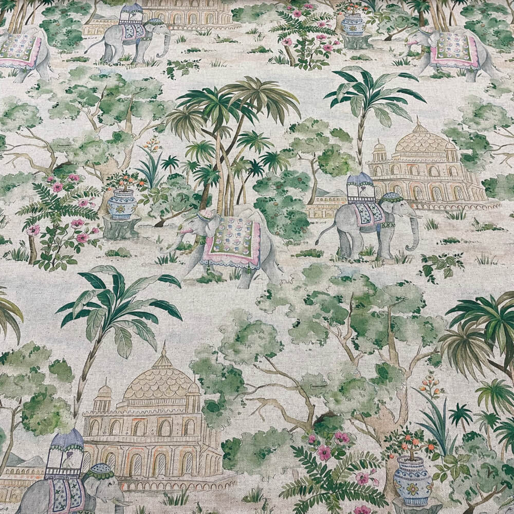 Elephant & Palm Linen Double Width Fabric - Green