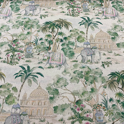 Elephant & Palm Linen Double Width Fabric - Green