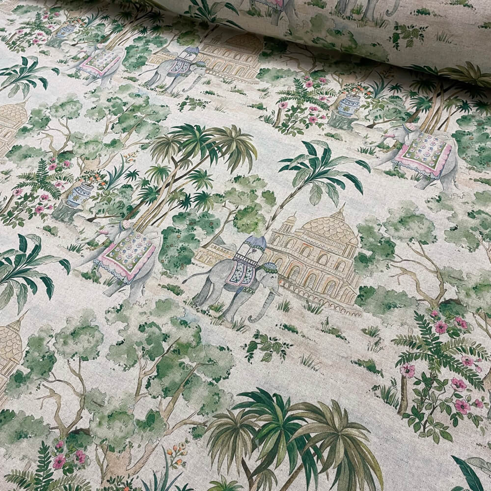 Elephant & Palm Linen Double Width Room Fabric - Green
