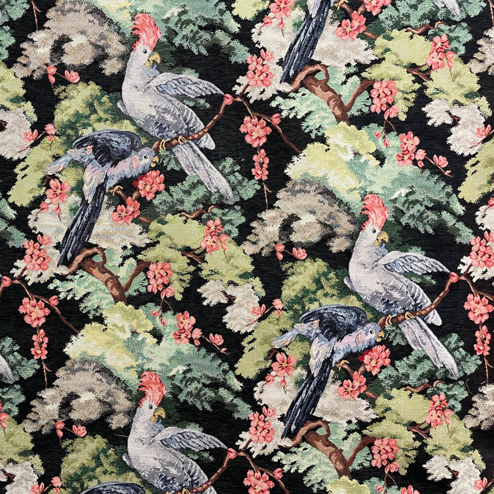 Exotic Aviary Tapestry Black Fabric - Multicolor