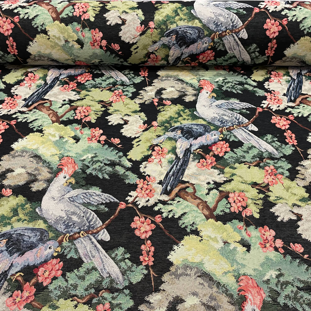 Exotic Aviary Tapestry Black Room Fabric - Multicolor