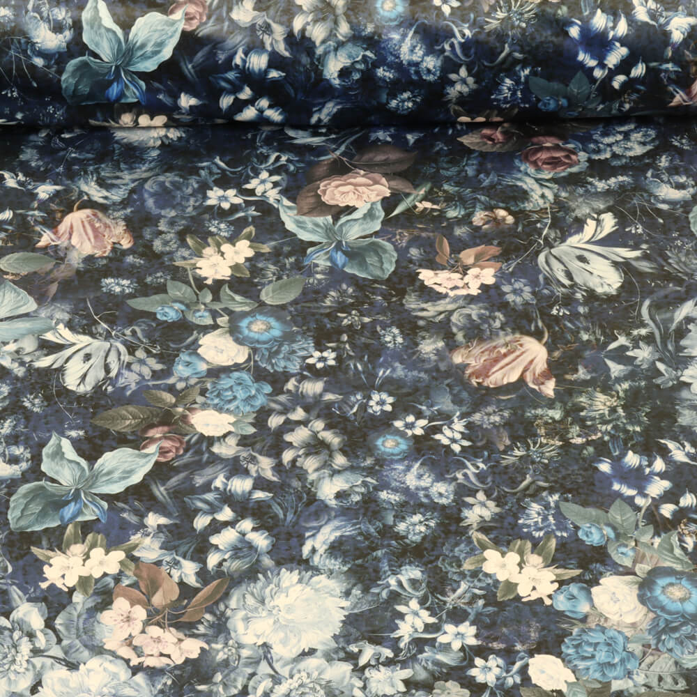 Midnight Floral Velvet Blue Room Fabric