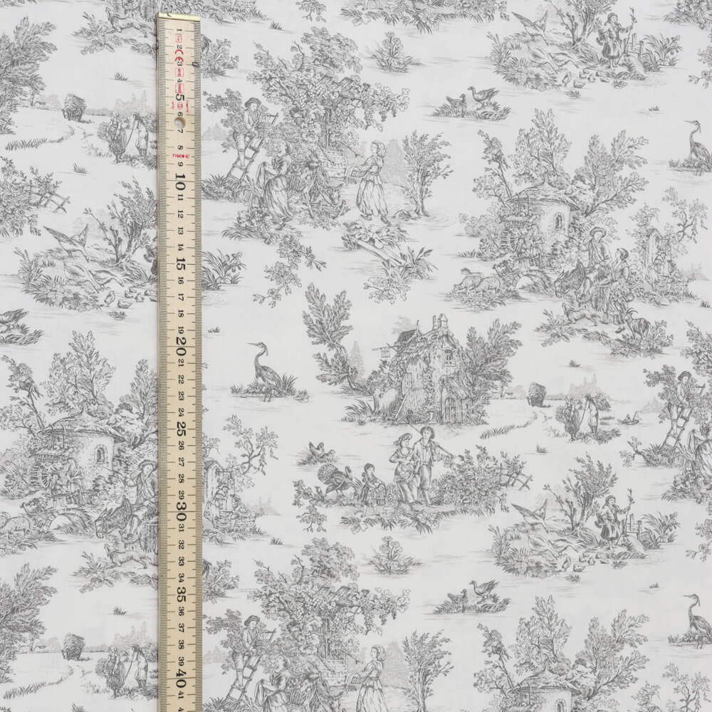 Mini French Toile De Jouy Charcoal Double Width Room Fabric