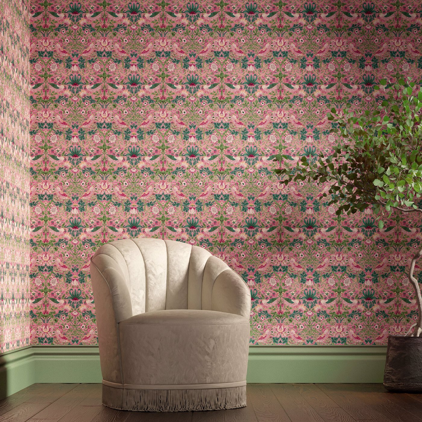 Strawberry Thief Room Wallpaper - Pink