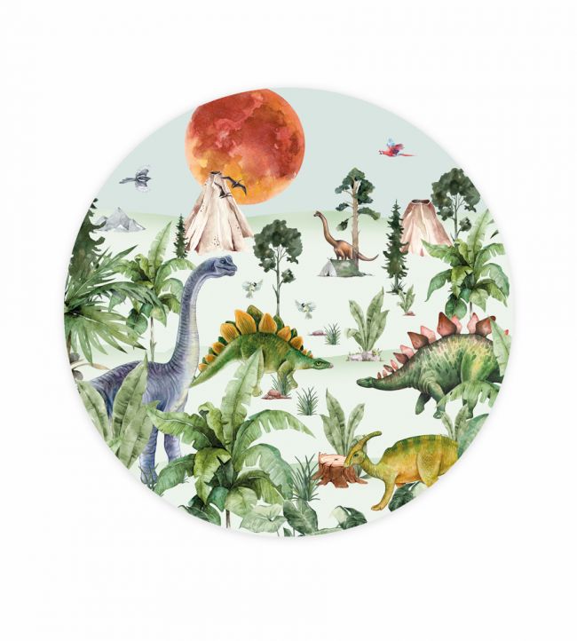 Dino By Moonlight Circle Nursery Mural - Green