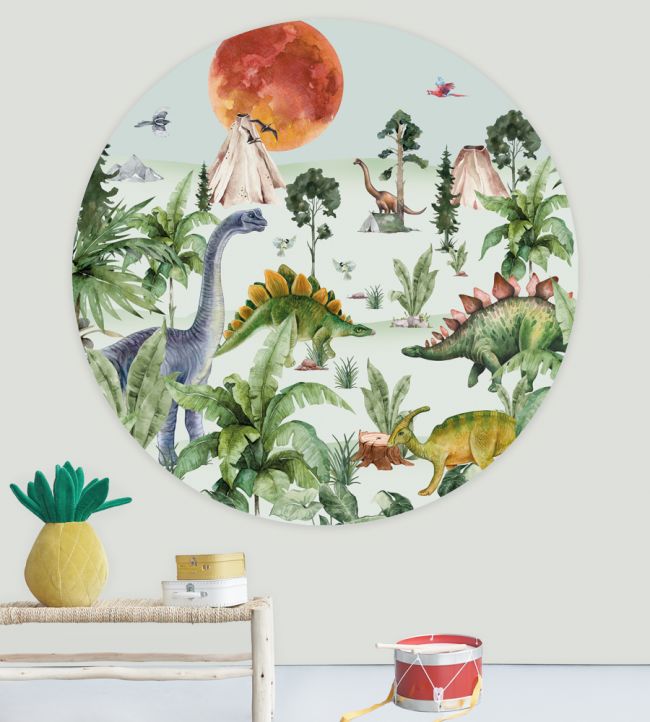 Dino By Moonlight Circle Nursery Room Mural - Green